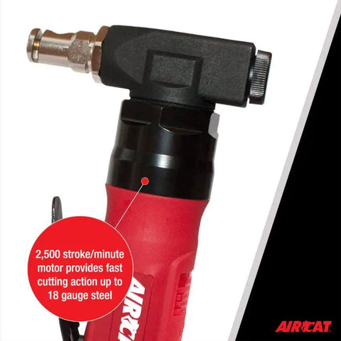 Close-up of 18 Gauge Nibbler Sheet Metal Cutter with red and black handle for auto body and ductwork projects, shown at an angle.