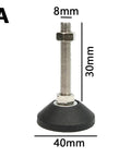 Heavy Duty Adjustable Leveling Feet With Swivel Base And Wear Resistant Pads Ditch The Wobble On Uneven Floors Smooth Out Shaky Furniture Legs Easy M8 M10 M12 Fit 10 Pack showing 8mm threaded rod, rubber base, dimensions 30mm height and 40mm diameter.