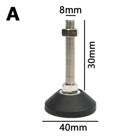 Heavy Duty Adjustable Leveling Feet With Swivel Base And Wear Resistant Pads Ditch The Wobble On Uneven Floors Smooth Out Shaky Furniture Legs Easy M8 M10 M12 Fit 10 Pack showing 8mm threaded rod, rubber base, dimensions 30mm height and 40mm diameter.