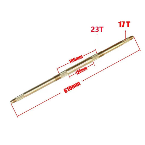 610mm Rear Axle For 49cc 50cc 110cc And 125cc Electric Kids Go Kart ATVs Quad Bikes And Scooters Replacement Part Built Tough For Easy Install And Long Lasting Ride, showing measurements and teeth count