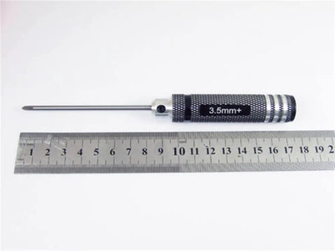All In One Model Aircraft Maintenance Tool Kit With Cross And Phillips Screwdrivers In 3.5mm, 4.0mm, 5.0mm And 5.8mm For Precise RC Airplane Repairs, Durable Tips, Compact Handy Set For Hobbyists featuring a 3.5mm screwdriver and a ruler for scale.
