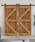 Walnut Stained DIY Wood Double Bi Fold Barn Doors With Sliding Hardware Kit, 72 By 84 Inches, Solid Knotty Pine installed indoors