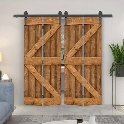 Walnut Stained DIY Wood Double Bi Fold Barn Doors With Sliding Hardware Kit, 72 By 84 Inches, Solid Knotty Pine installed indoors