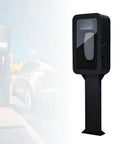 Tough As Nails Heavy Duty Outdoor EV Charger Station Cover With Lock Guard Security And Smart Cool Airflow Design For Floor Standing Electric Vehicle Power Hub Housing Black, black steel cover with transparent window.