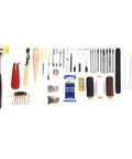 Leather Craft Tools Kit 42Piece Set With Stitching Groover Punches Awl Hammers Needles Waxed Thread Rivets Snap Fasteners Chisels Cutting Knife And Ruler For DIY Sewing Projects And Pro Leatherworking arranged on white background
