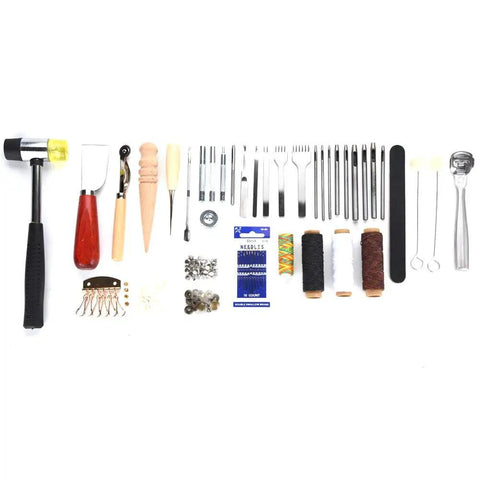 Leather Craft Tools Kit 42Piece Set With Stitching Groover Punches Awl Hammers Needles Waxed Thread Rivets Snap Fasteners Chisels Cutting Knife And Ruler For DIY Sewing Projects And Pro Leatherworking arranged on white background