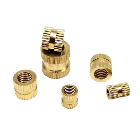 Knurled Threaded Inserts For 3D Printing Copper Embedded Nuts With Knurl Grip for reusable, strong fastening in plastic projects.