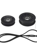 Perfect Drive Belt Pulley Repair Kit Exact Fit L100 Mower Transmissions GX20286 with two black pulleys and a belt.