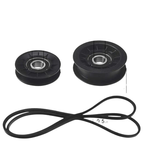 Perfect Drive Belt Pulley Repair Kit Exact Fit L100 Mower Transmissions GX20286 with two black pulleys and a belt.