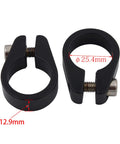 Pair of Lightweight Aluminum Bike Seat Post Clamp With Quick Release Ergonomic Black Anodized Collar shown with dimensions.
