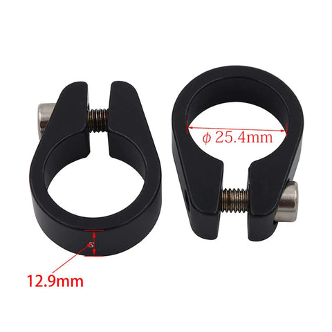 Pair of Lightweight Aluminum Bike Seat Post Clamp With Quick Release Ergonomic Black Anodized Collar shown with dimensions.