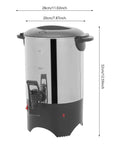 Big Capacity Electric Coffee Percolator Urn 5 Point 2 Liter 1000W Fast Heating Brews Up To 30 Cups Stainless Steel Coffee Warmer with detachable power cord, shown from front view with measurements.