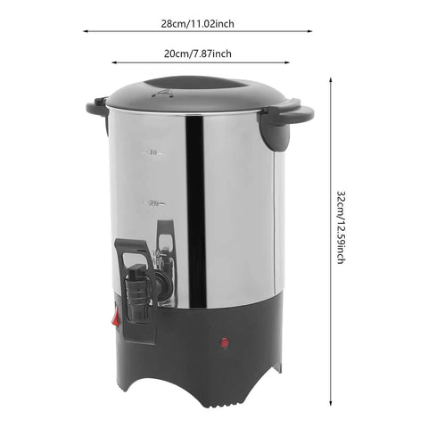 Big Capacity Electric Coffee Percolator Urn 5 Point 2 Liter 1000W Fast Heating Brews Up To 30 Cups Stainless Steel Coffee Warmer with detachable power cord, shown from front view with measurements.