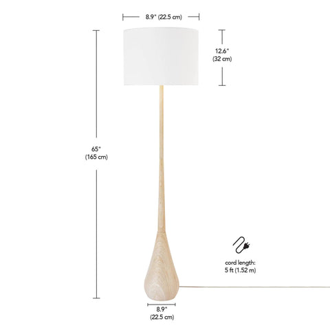 65 Inch Floor Lamp With Wood Toned Finish And White Cotton Shade Japandi Style E26 Base On Off Rotary Switch 5 Ft Cord