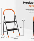 2 Step Folding Step Stool Ladder With 330Lb Heavy Duty Steel Frame, Anti Slip Wide Pedals And Cushioned Handgrip shown with dimensions