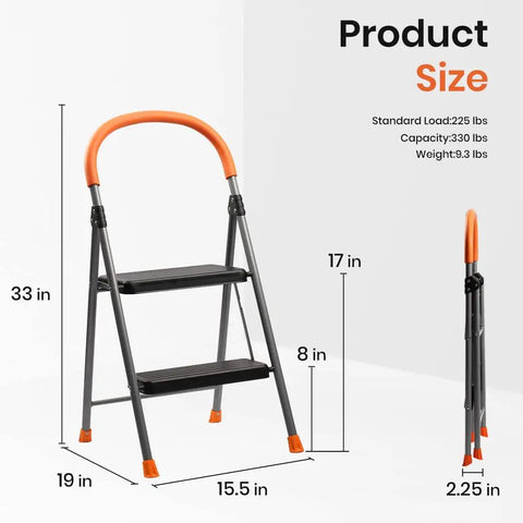 2 Step Folding Step Stool Ladder With 330Lb Heavy Duty Steel Frame, Anti Slip Wide Pedals And Cushioned Handgrip shown with dimensions