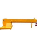 Forklift Jib Boom Crane With 6000 Lb Capacity, Adjustable Telescopic Boom, side view of yellow steel jib boom with hook