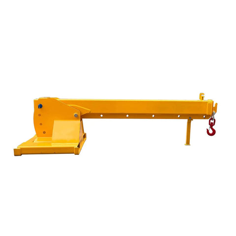 Forklift Jib Boom Crane With 6000 Lb Capacity, Adjustable Telescopic Boom, side view of yellow steel jib boom with hook