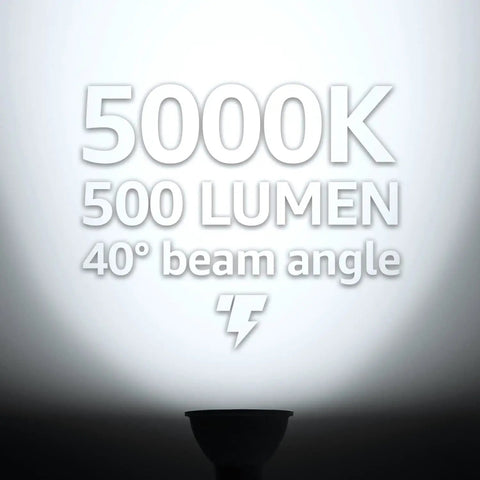 Image showing the bright beam of GU10 LED Bulbs Dimmable Pack Of 6, UL Listed, 50W Halogen Equivalent, 500 Lumens, 5000K Daylight, 40 Degree.