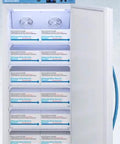 Top Shelf 24 Inch Stacked All Refrigerator And All Freezer Combo Compact Footprint Fits Tight Spaces Digital Temp Control Medical Grade Storage Built Different Straight Up Solid Cool, open refrigerator and freezer with medical supplies.