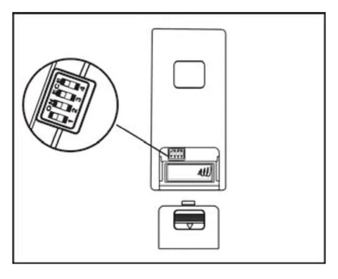 Diagram showing RC210 Hand Held 32 Bit AireControl Ceiling Fan Remote System One Row Dip Switch Compatible Replacement.