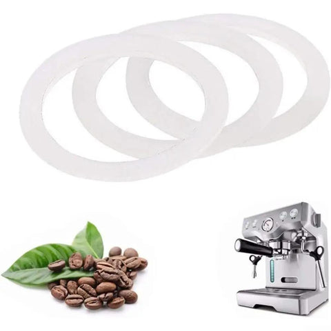 Premium Silicone Moka Pot Gasket Seal Replacement For Stovetop Espresso Makers Fits 2, 4, 6, 9 Cup Pots Easy Install Durable Rubber Ring Keeps Brews Rich, Leak Free, shown with coffee machine and beans.