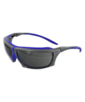 Boss Level Anti Fog Safety Glasses With Smooth Grip TPR Cushion And Dark Tinted Lenses in black and blue color design.