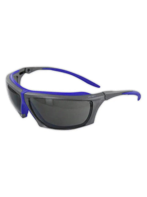 Boss Level Anti Fog Safety Glasses With Smooth Grip TPR Cushion And Dark Tinted Lenses in black and blue color design.