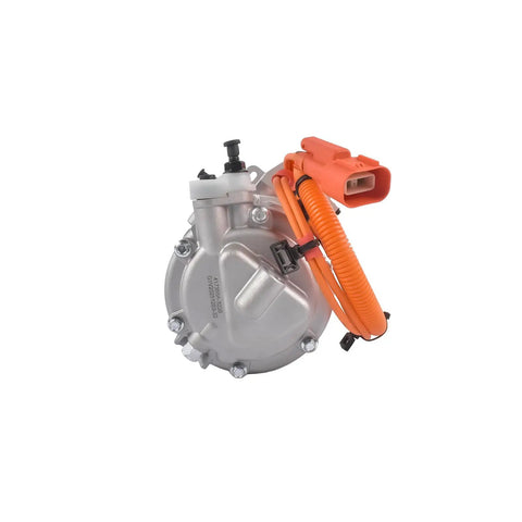 Direct Swap Electric Ev Ac Compressor Fits 2017 To 2020 Tesla Model 3 with orange connector and silver metal casing.