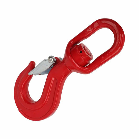 Hardcore Heavy Duty Swivel Lifting Hook Built Like A Tank At 5.3 Ton Capacity Top Tier Alloy Steel in red color.