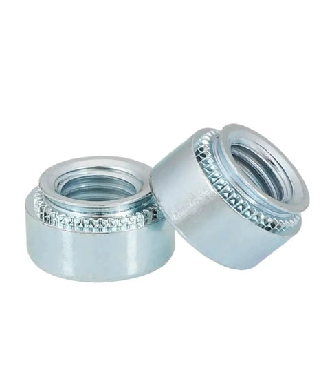 Zinc Plated Carbon Steel Self Clinching Rivet Nutserts M2 To M10 30 Piece Set for Sheet Metal Jobs, two detailed threaded inserts.