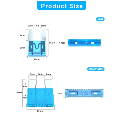 Diagram showing size of Go To Automotive Fuse Kit With 330 Piece Assortment For Mini And Standard Blade Fuses Zinc components