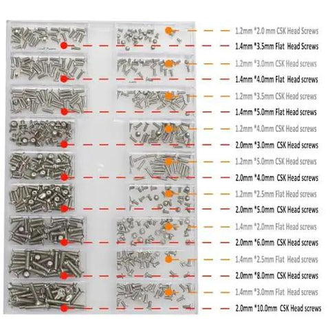 Stainless Steel Silver Micro Screws Set for Glasses and Watches, Metric Tiny Screws M1.2 M1.4 M2.0 organized in compartments