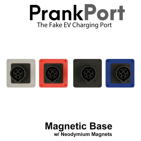 Four Fake EV Charging Port Magnet Snap On For Diesel Gas ICE Truck Gag Accessory in various colors with Neodymium magnets.