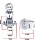 Heavy Duty 304 Stainless Steel Grooved Pulley Roller With Dual Ball Bearings Runs Super Smooth On Wire Rope Rails And Square Tube Tracks showing dimensions.