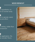 Wood floor and furniture next to text highlighting benefits of Wood Floor Scratch Repair Kit With Rosin Nano Silica Formula Quick Fix Stick.
