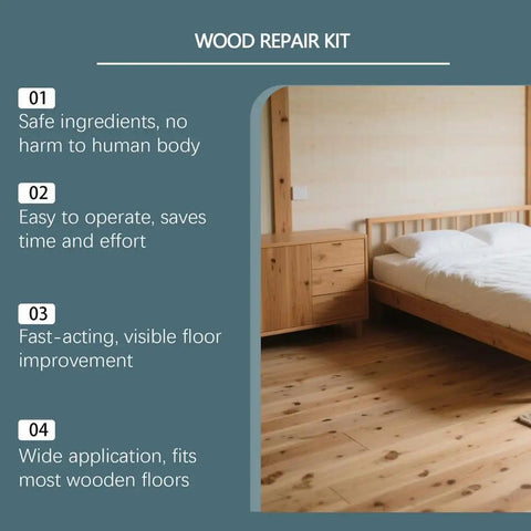 Wood floor and furniture next to text highlighting benefits of Wood Floor Scratch Repair Kit With Rosin Nano Silica Formula Quick Fix Stick.