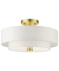 Meridian Collection 3 Light Satin Brass Semi Flush Mount Ceiling Light With Off White Hardback Fabric Shade, 15 x 15 x 8.25 Inches
