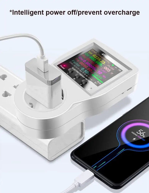 WiFi Watt Meter With Plug In US Socket Real Time Electricity Usage And Bill Stats Temperature Control Backlit 2.4 Inch Color Display Overload Protection Voltage And Current Tester Energy Monitor Timer Tuya Smart Life App Compatible, plugged into outlet