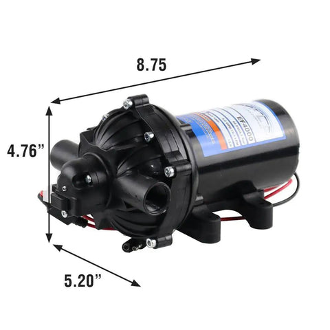 Beefy 4.0 GPM 12V Diaphragm Pump With Half Inch NPT Ports, Self Priming Up To Eight Feet, Boxed Unit, black with measurements