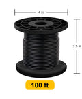 Heavy Duty 304 Stainless Steel Wire Rope Cable 7x7 Core Black Vinyl Coated Outdoor Guide Wire For String Lights And Clotheslines Overmolded From 1/16 Inch To 3/32 Inch 100 Ft spool with measurements