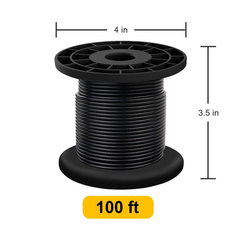 Heavy Duty 304 Stainless Steel Wire Rope Cable 7x7 Core Black Vinyl Coated Outdoor Guide Wire For String Lights And Clotheslines Overmolded From 1/16 Inch To 3/32 Inch 100 Ft spool with measurements