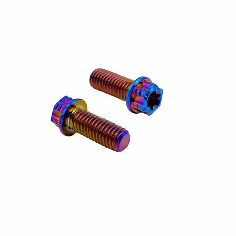 Burnt Blue Titanium Motorcycle Bolts M10 1.5 Hex Torx Head Pack Of 5 Beefy Dual Drive Flange Bolts on white background