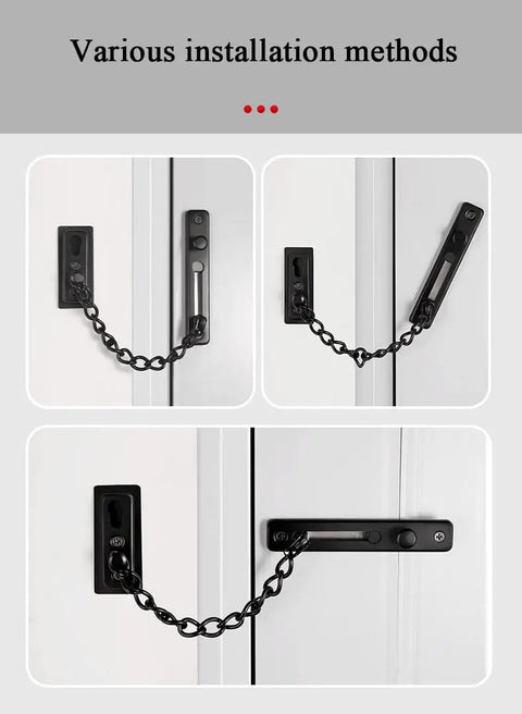 Stainless Steel Door Chain Lock Heavy Duty Sliding Bolt Gate Latch shown in various installation methods on doors.