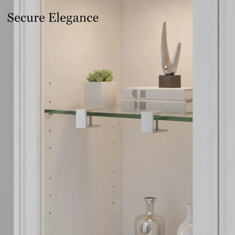 Glass shelf clips for cabinets and displays, aluminum alloy mounting hardware, supporting glass shelf in cabinet display.