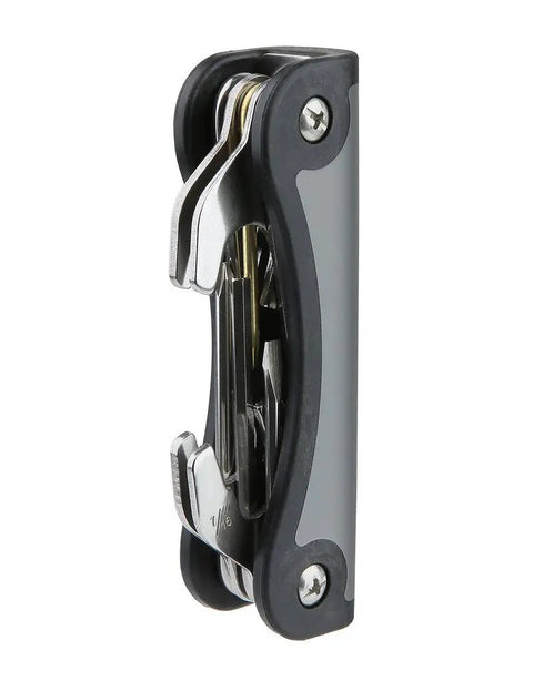 T-2 Scuba Toolpack Multi Tool For Regulator Repair And Adjustment, folded side view, black handle, stainless steel tools