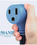 Hand holding Heavy Duty NEMA 14 50P to 6 50R Welder and RV Power Adapter 4 Prong to 3 Prong Converter close-up view