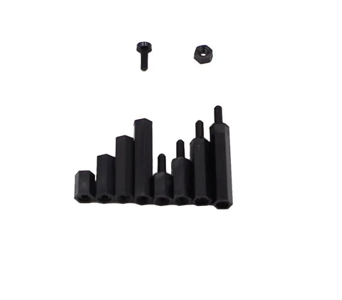 Heavy Duty M2 Brass Hex Spacer Standoff Screw And Matched Nut Assortment Kit with black hex spacers and nuts arranged.