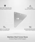 Beefy Stainless Steel Heavy Duty Corner Brace Triangular L Bracket For Furniture Reinforcement And Shelf Support With Mounting Screws 4.9 By 3.3 Inch 1 Pack displaying size and features