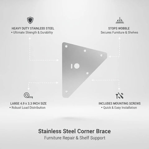 Beefy Stainless Steel Heavy Duty Corner Brace Triangular L Bracket For Furniture Reinforcement And Shelf Support With Mounting Screws 4.9 By 3.3 Inch 1 Pack displaying size and features